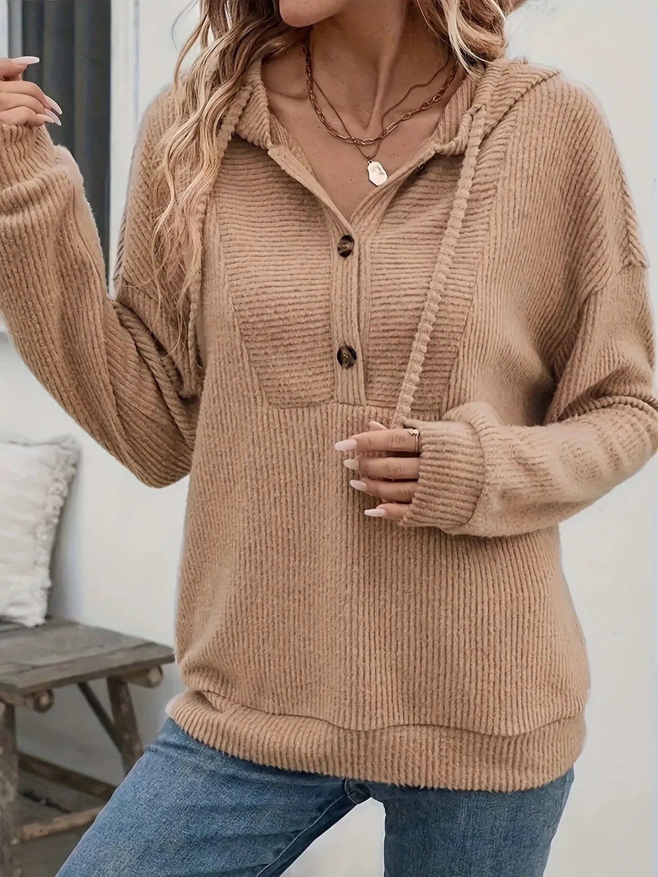 Trendsi Drawstring Button Front Hoodie