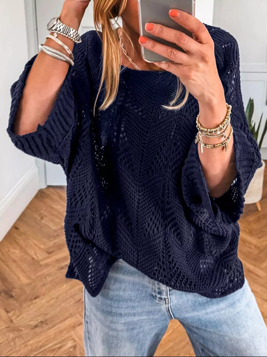 Trendsi Crochet Long Sleeve Sweater Navy