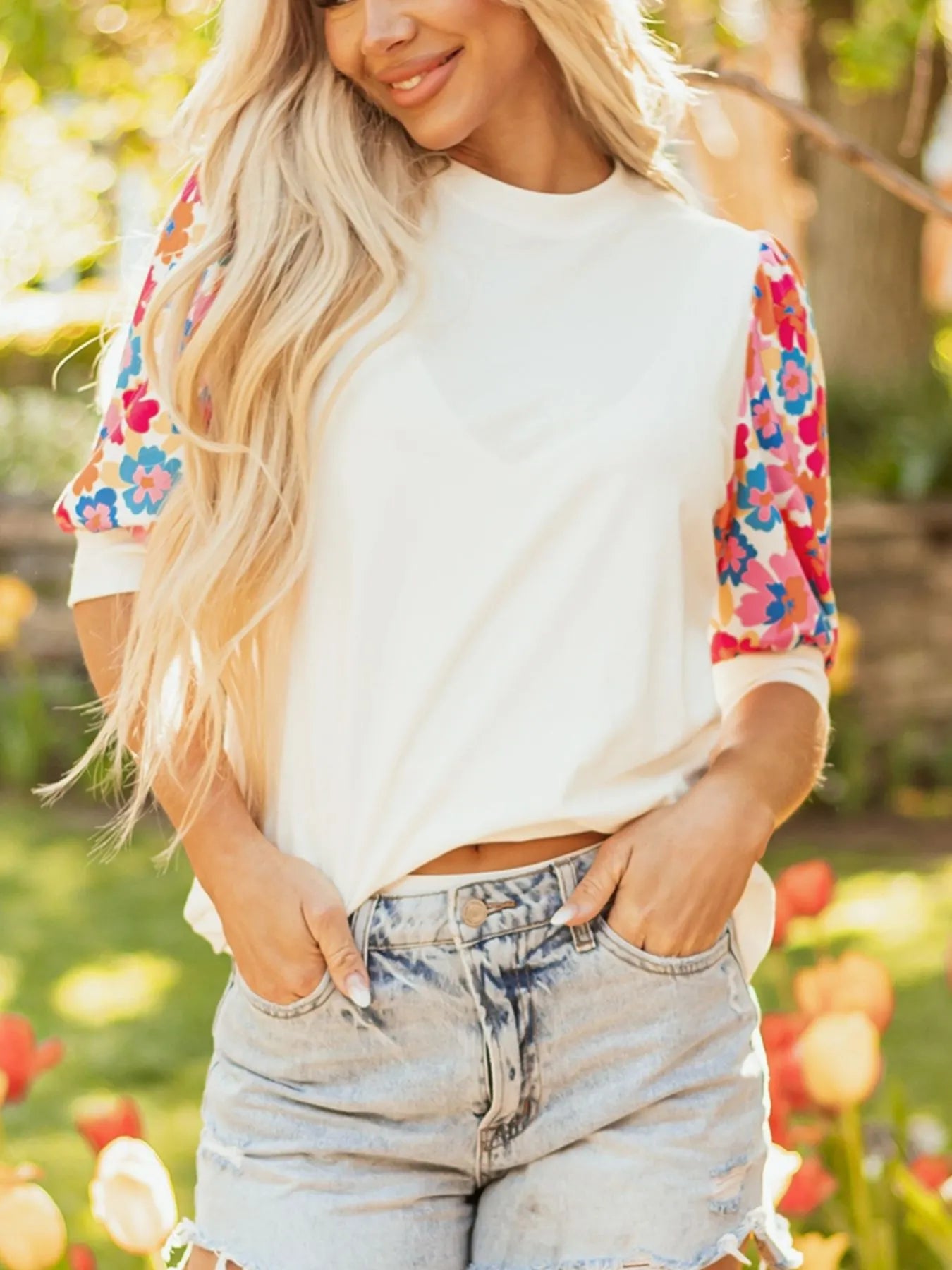 Trendsi Floral Puff Sleeve Round Neck T-Shirt