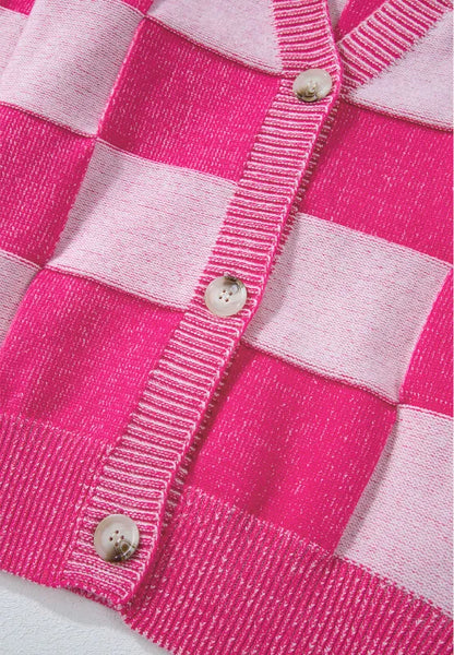Checkered V-Neck Long Sleeve Cardigan Easy Apparels