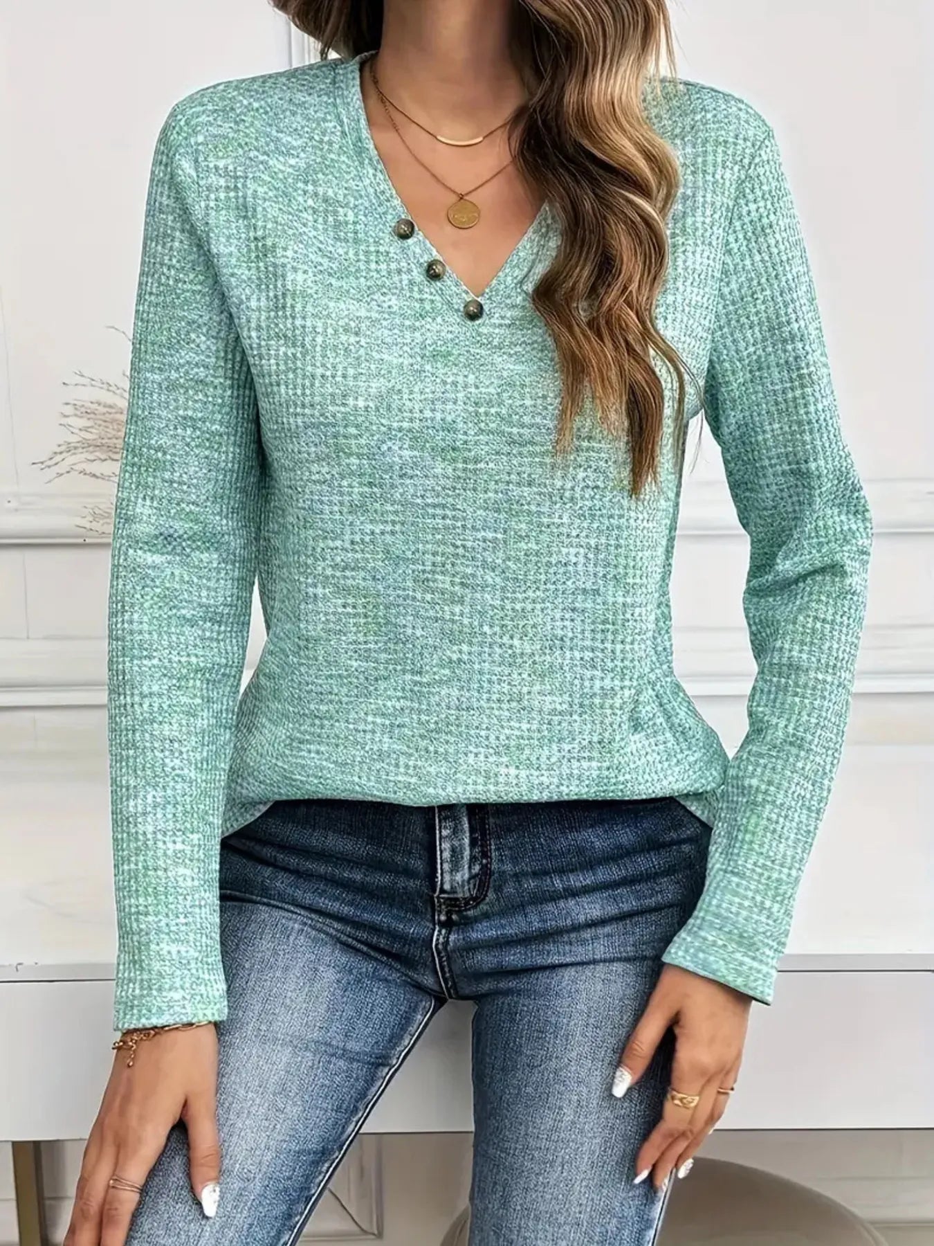 Trendsi Heathered V-Neck Long Sleeve T-Shirt