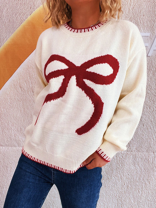 Trendsi Bow Pattern Round Neck Sweater White One Size