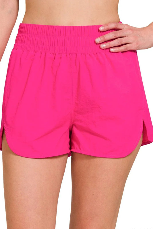 Zenana Windbreaker Smocked Waistband Running Shorts HOT PINK Easy Apparels