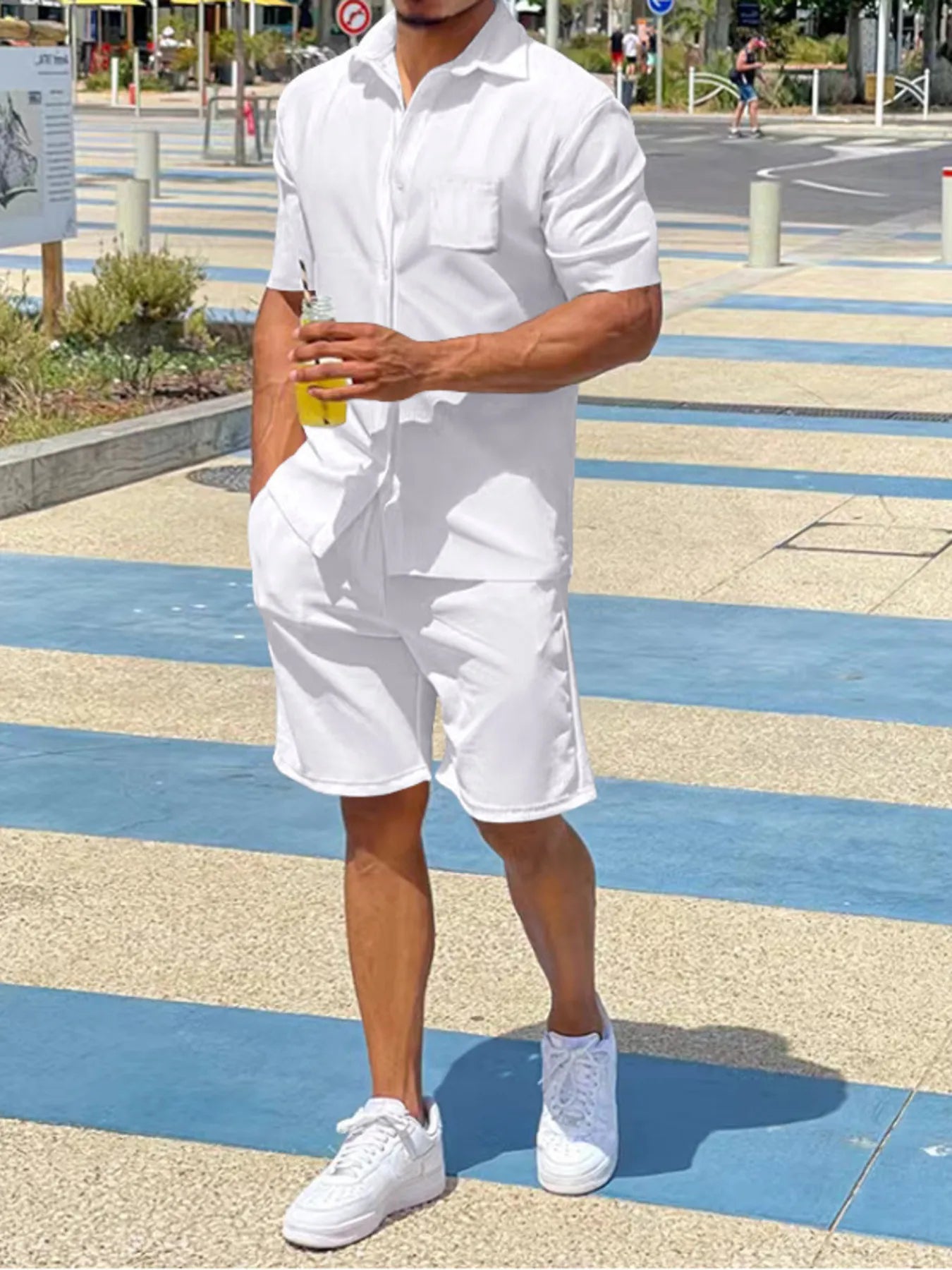 Men's Plus Size Button Up Shirt and Shorts Set White Easy Apparels