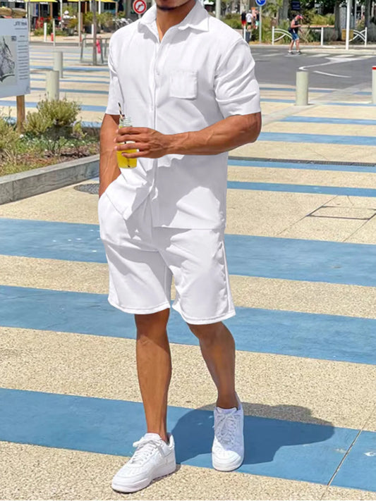 Men's Plus Size Button Up Shirt and Shorts Set White Easy Apparels