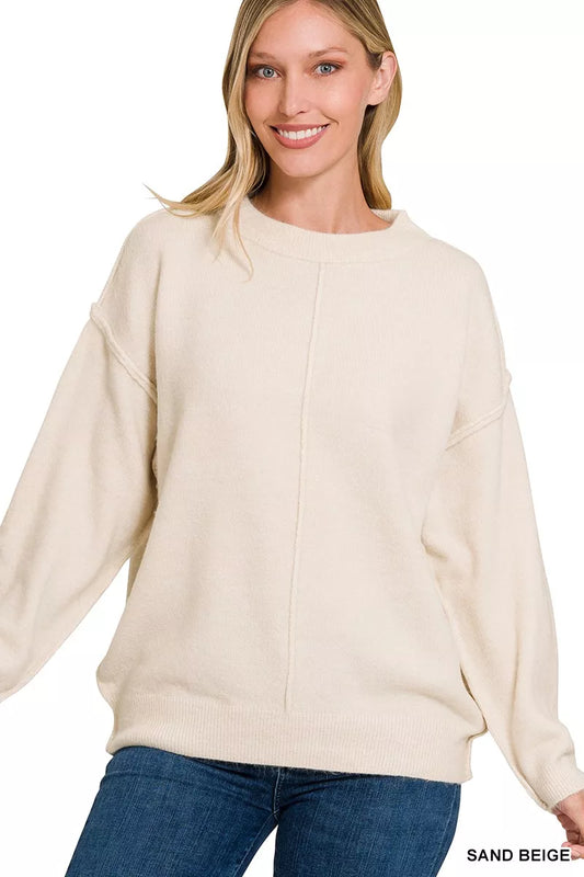 Trendsi Zenana Melange Front Seam Round-Neck Sweater
