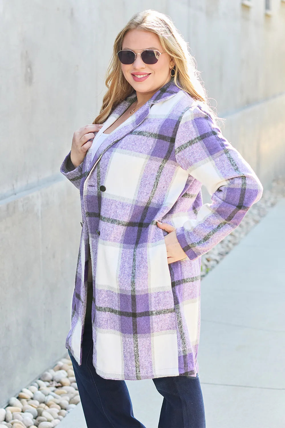 Double Take Full Size Plaid Button Up Lapel Collar Coat Easy Apparels