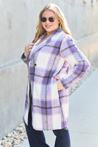 Double Take Full Size Plaid Button Up Lapel Collar Coat Easy Apparels