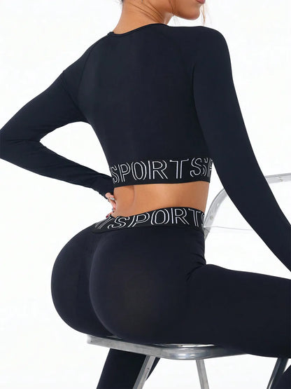 Letter Print Round Neck Long Sleeve Top and Leggings Active Set Easy Apparels