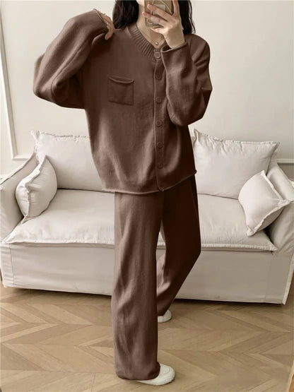 Pocketed Round Neck Button Up Cardigan and Pants Sweater Set Easy Apparels