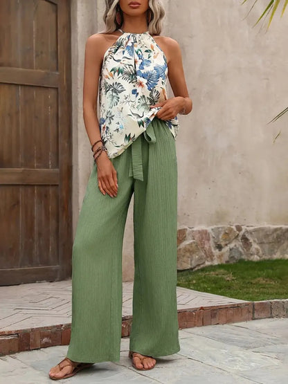 Printed Tank Top and Wide Leg Pants Set Matcha Green Easy Apparels