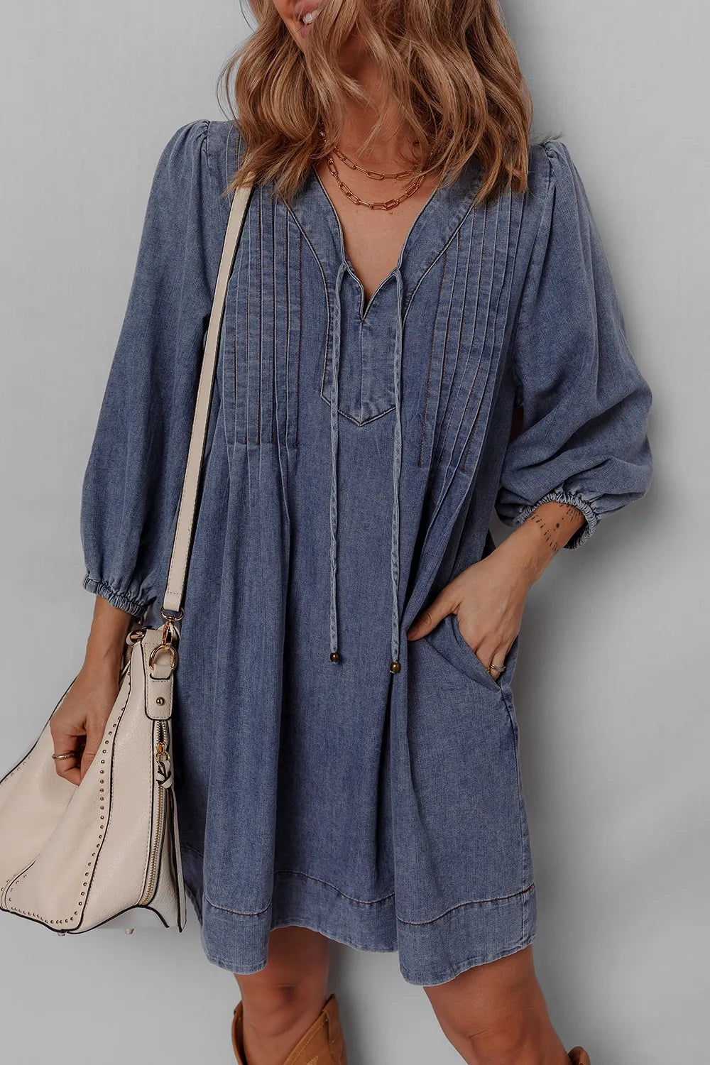 Tie Neck Long Sleeve Mini Denim Dress Easy Apparels