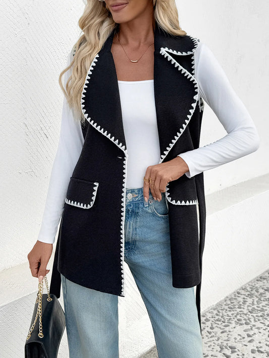 Contrast Trim Collared Neck Vest Coat Black Easy Apparels