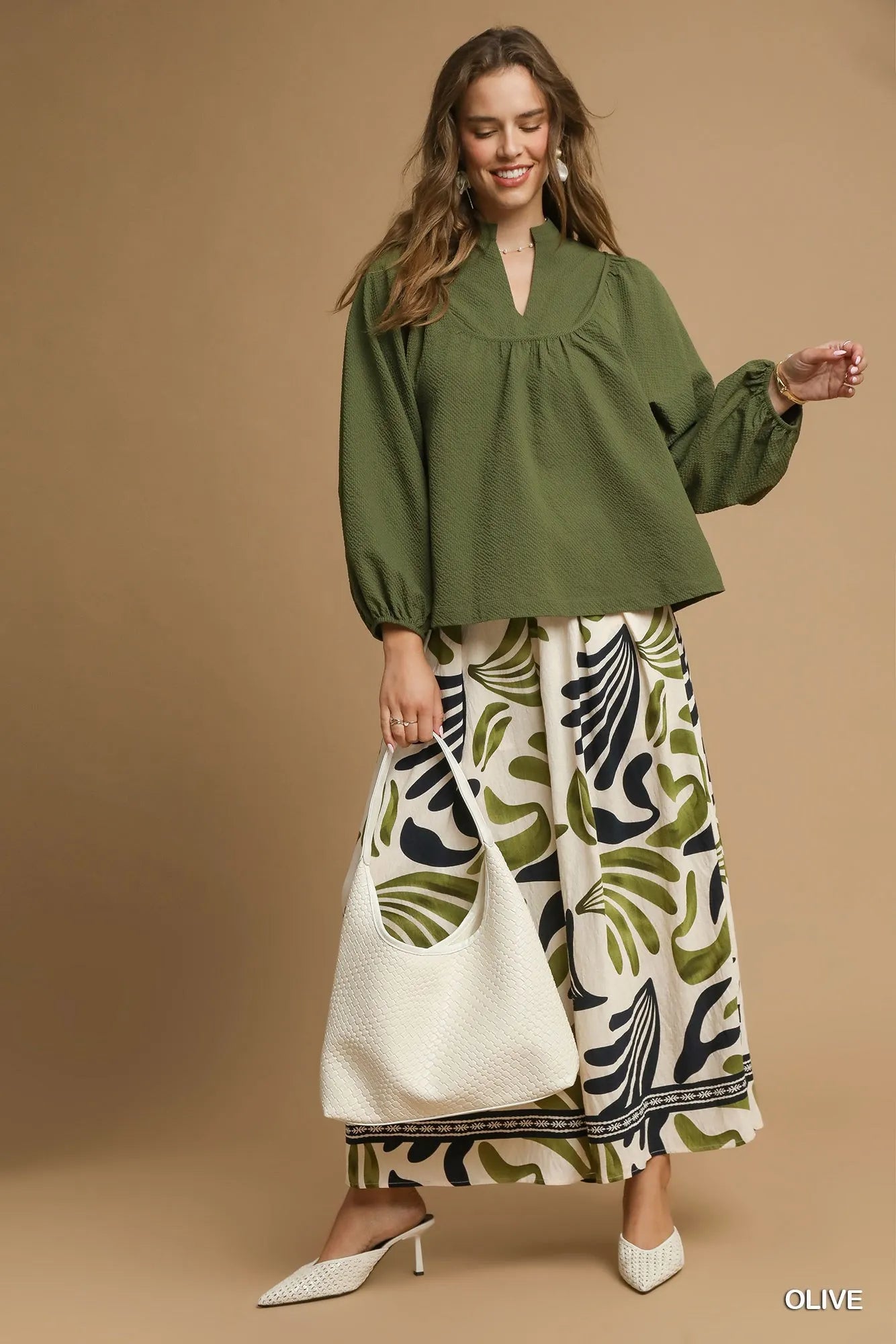Trendsi Umgee Textured Notched Blouse with Balloon Sleeves