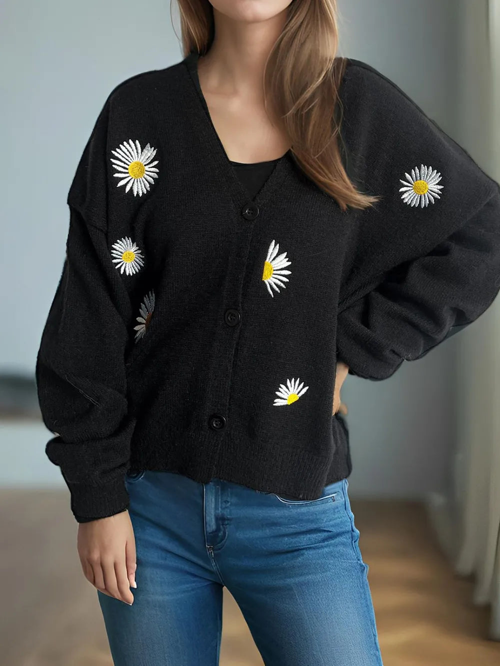 Daisy Button Up V-Neck Cardigan Easy Apparels