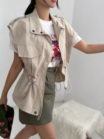 Drawstring Zip Up Vest Coat Easy Apparels