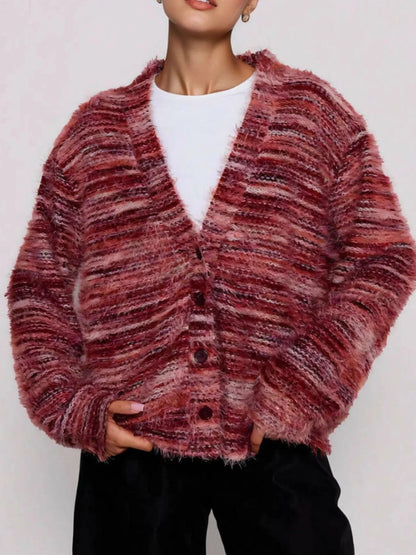 Fuzzy Button Down Chunky Cardigan Cerise Easy Apparels