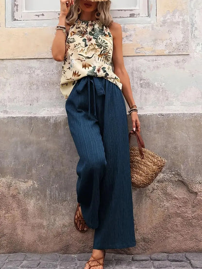 Printed Tank Top and Wide Leg Pants Set Easy Apparels