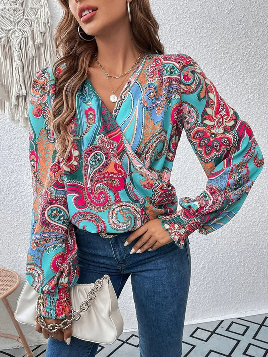 Trendsi Printed Surplice Smocked Lantern Sleeve Blouse Floral