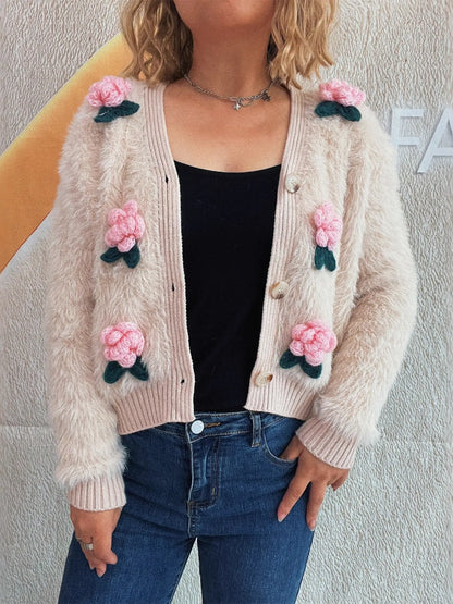 Flower Fuzzy Button-Up Cardigan Easy Apparels