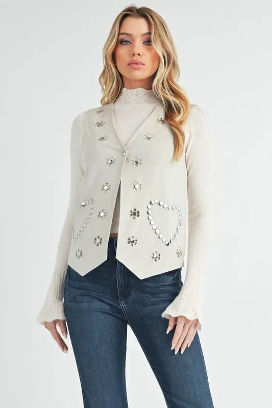 Aemi + Co Heart Rivet Detail Suede Vest Coat White Easy Apparels