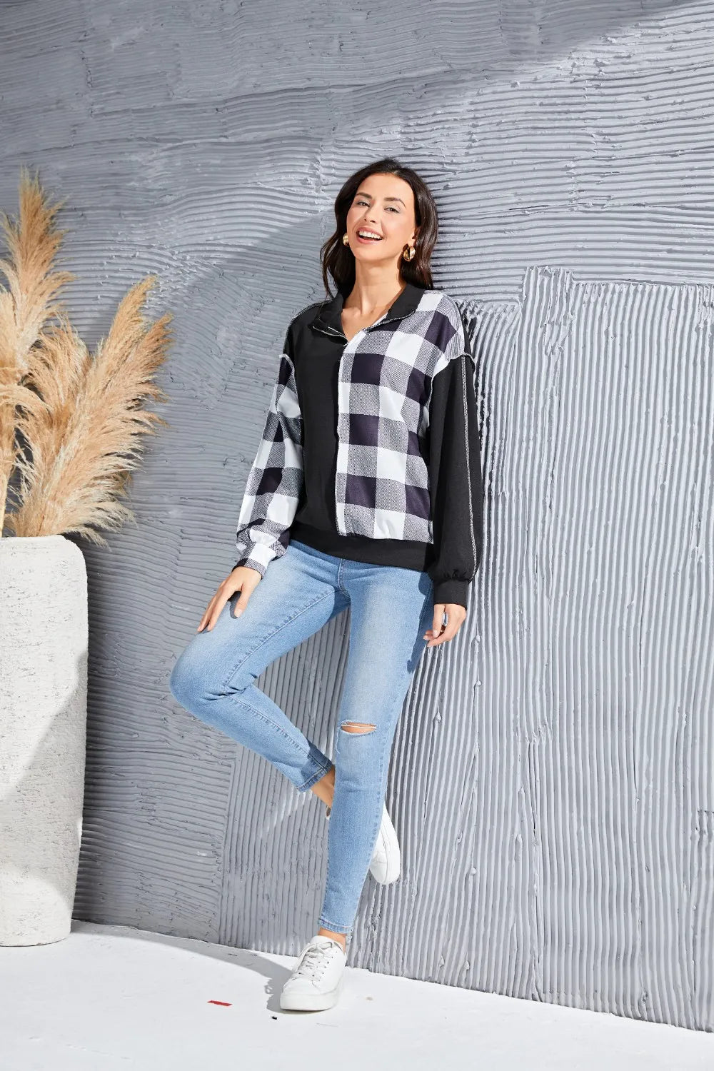 Trendsi Plaid Exposed Seam Long Sleeve Blouse