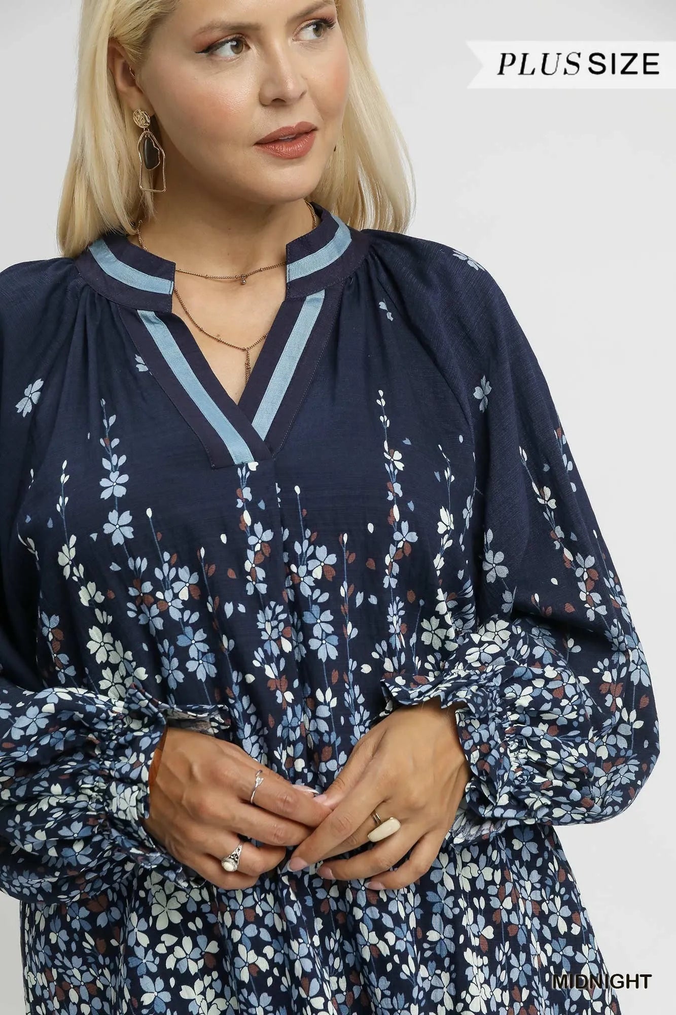 Trendsi Umgee Full Size Floral Vine Print Blouse with Balloon Sleeves Plus Size