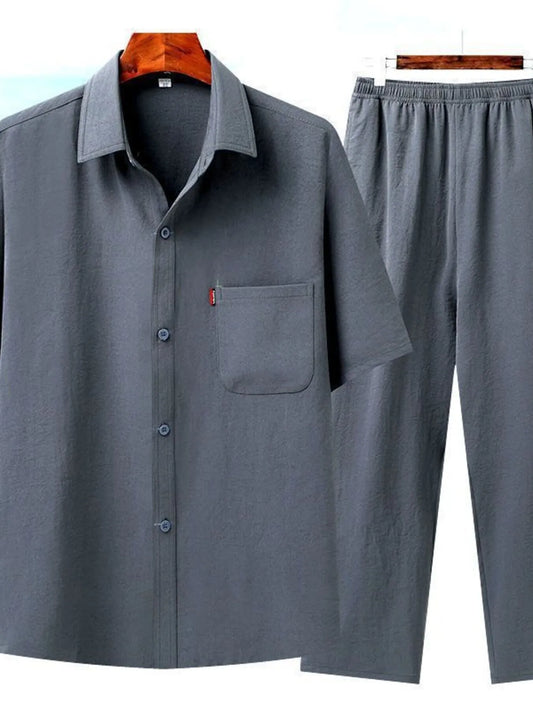 Men's Full Size Button Up Short Sleeve Shirt and Pants Set Plus Size Dark Gray Easy Apparels