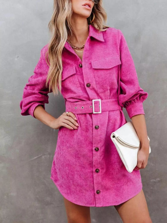 Button Front Belt Long Sleeve Corduroy Dress Easy Apparels