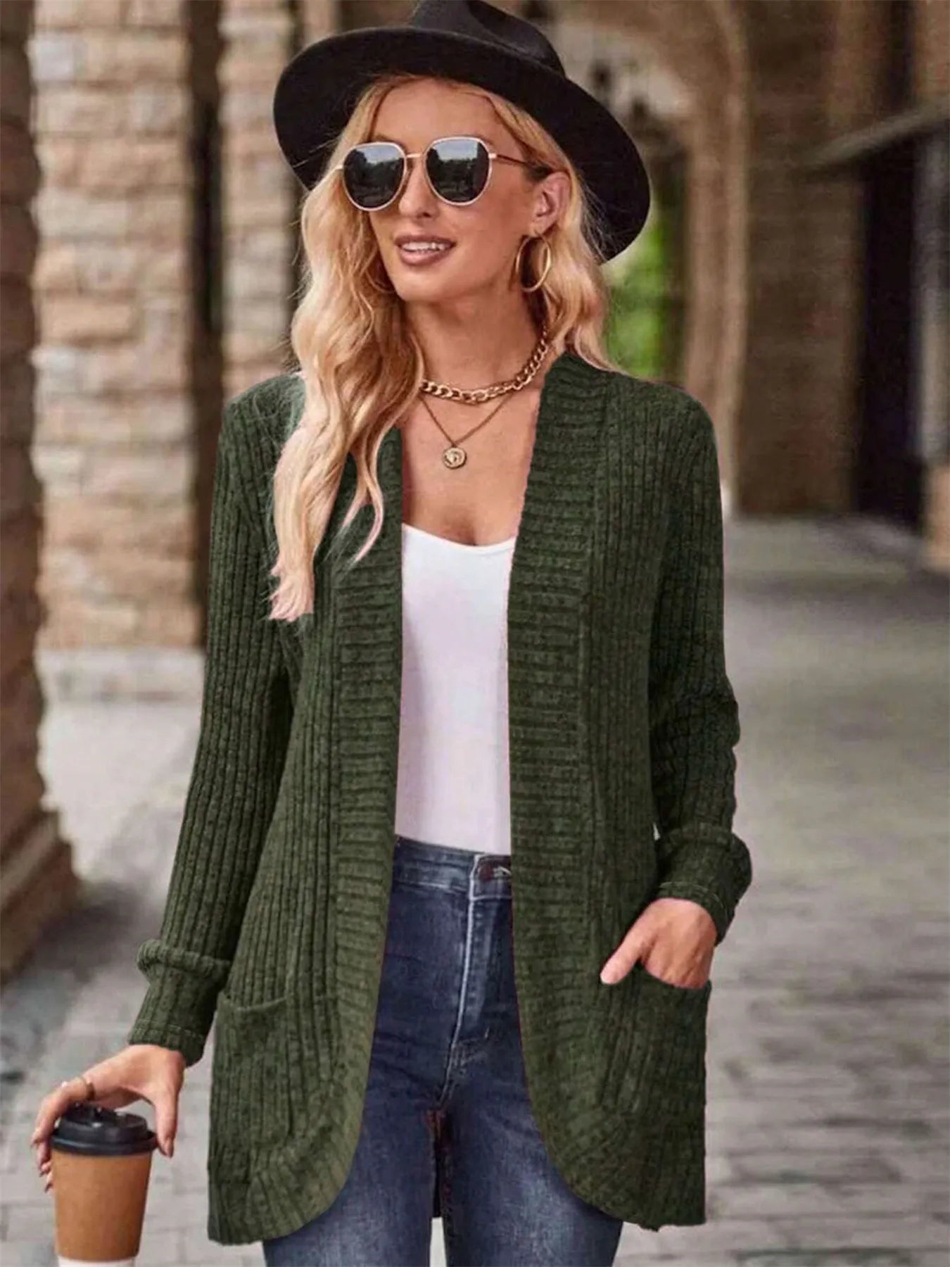 Ribbed Open Front Long Cardigan with Pockets Easy Apparels