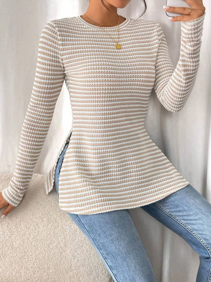 Trendsi Side Slit Striped Long Sleeve T-Shirt