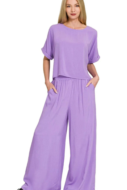 Zenana Round Neck T-Shirt and Wide Leg Pants Set LAVENDER Easy Apparels