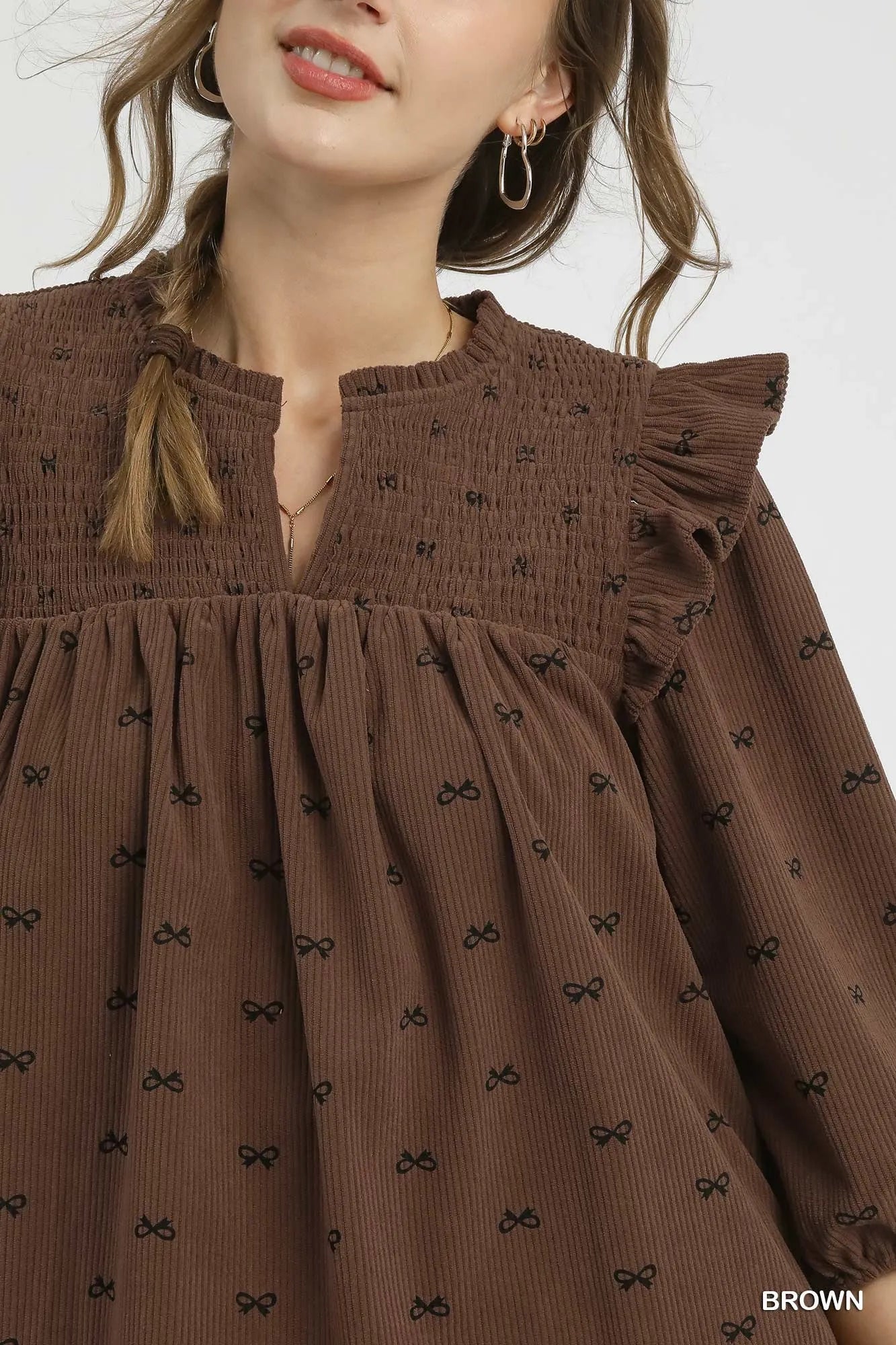 Trendsi Umgee Bow Print Corduroy Puff Sleeve Blouse with Ruffled
