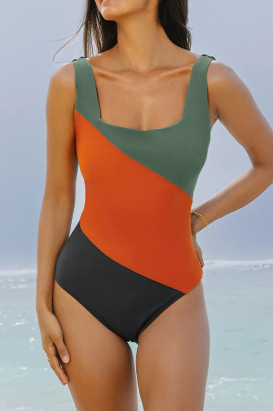 Color Block Padded Square Neck One Piece Swimsuit Multicolor Easy Apparels
