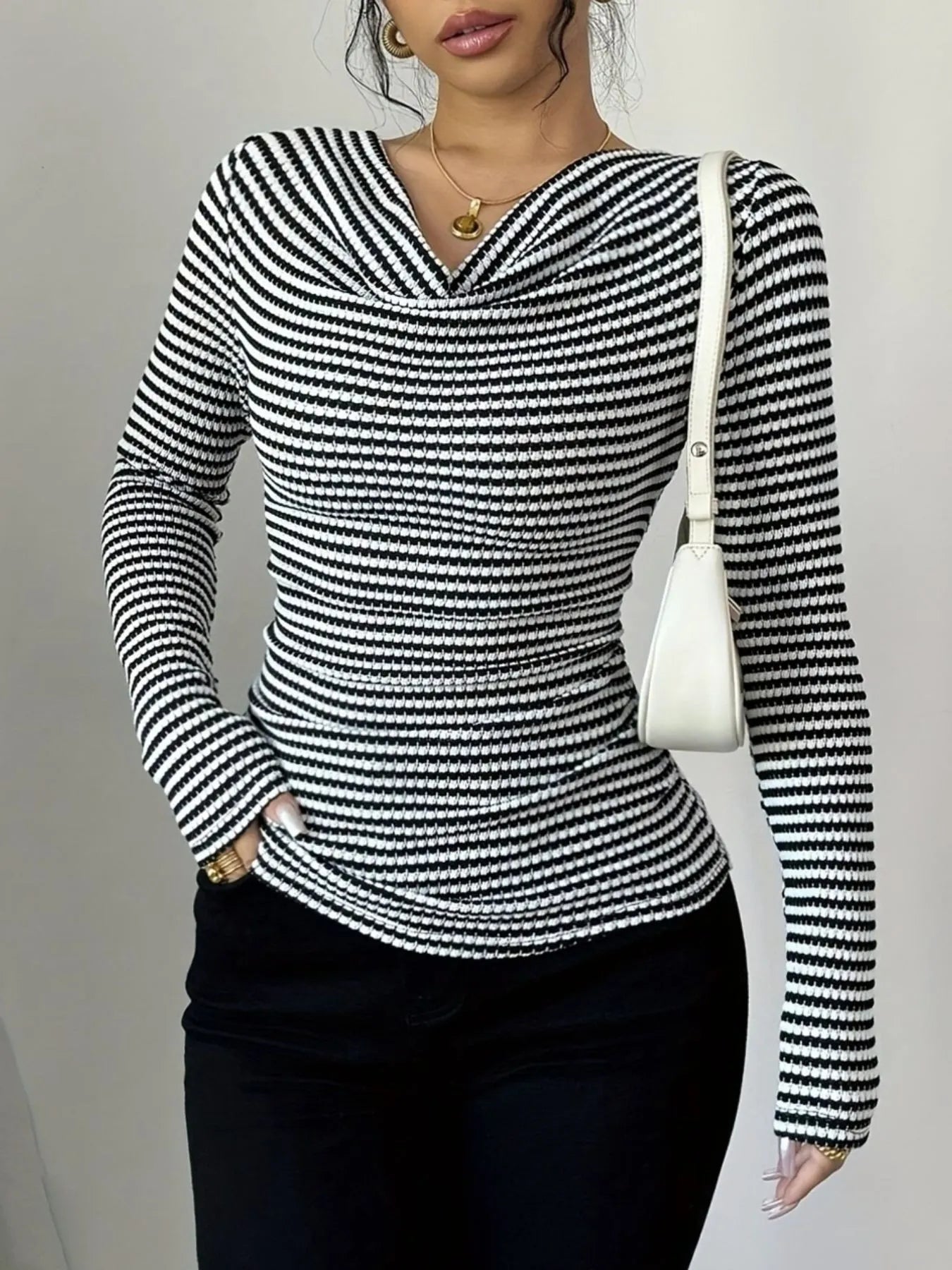 Trendsi Striped Cowl Neck Long Sleeve T-Shirt