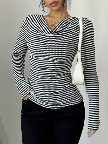 Trendsi Striped Cowl Neck Long Sleeve T-Shirt