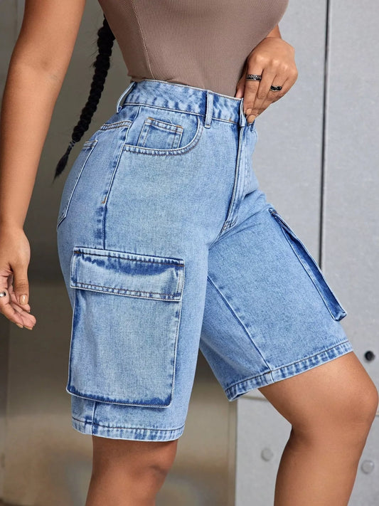 High-Waisted Cargo Denim Shorts 蓝色 Easy Apparels