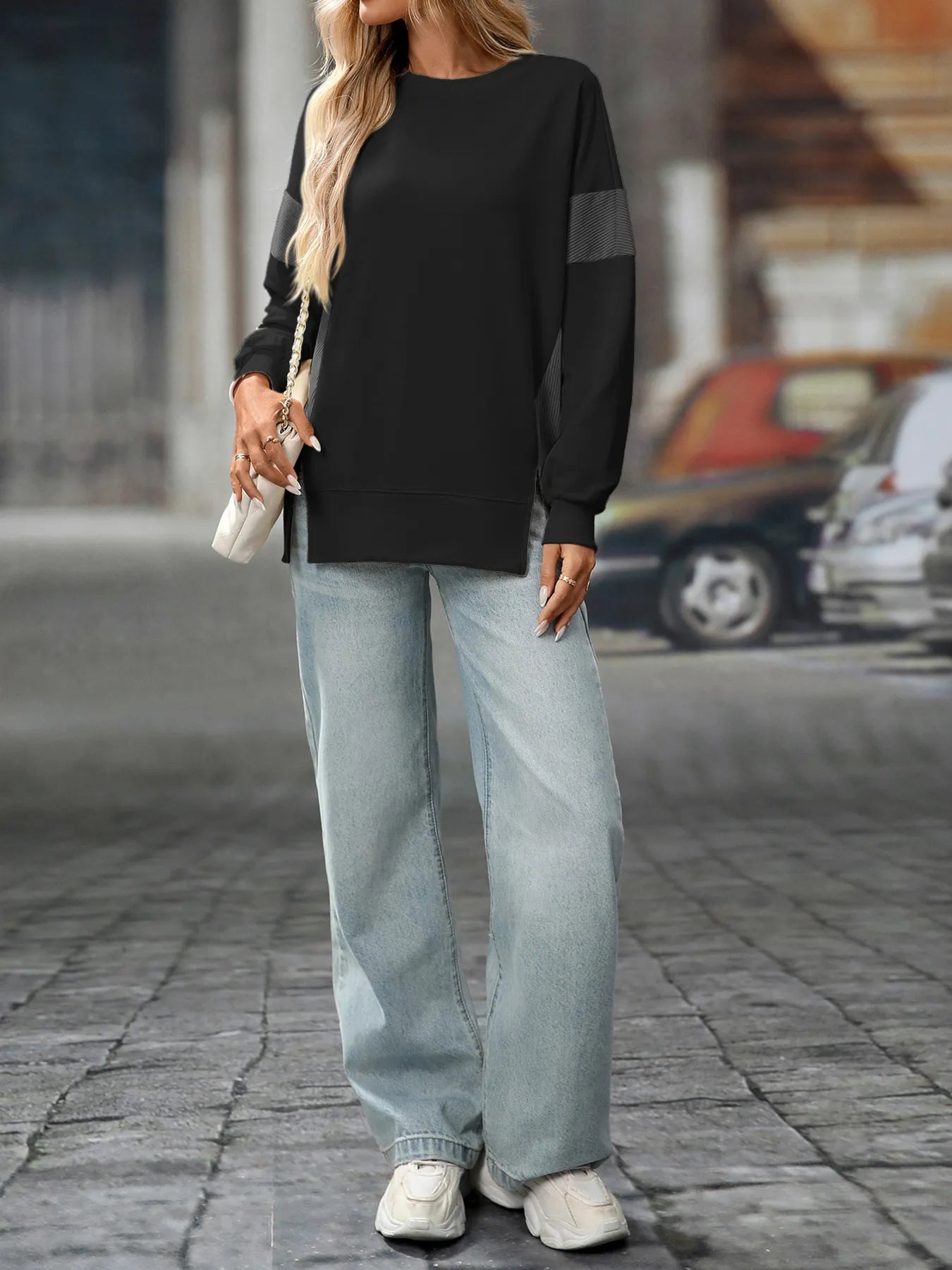 Trendsi Slit Round Neck Long Sleeve Sweatshirt