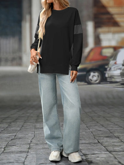 Trendsi Slit Round Neck Long Sleeve Sweatshirt