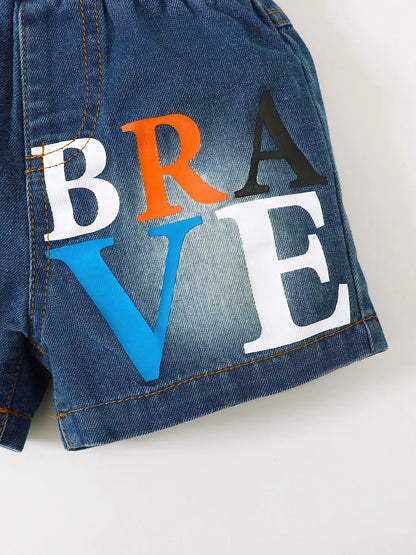 Children's Letter Round Neck Top and Denim Shorts Set Easy Apparels