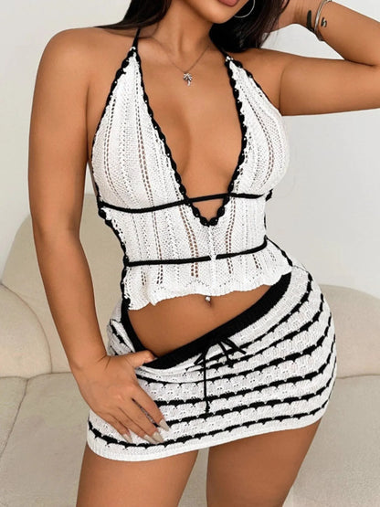 Openwork Halter Neck Cami and Skirt Sweater Set White Easy Apparels