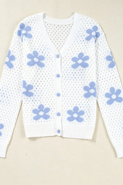 Flower Hollowed Out Button Down Long Sleeve Cardigan Easy Apparels