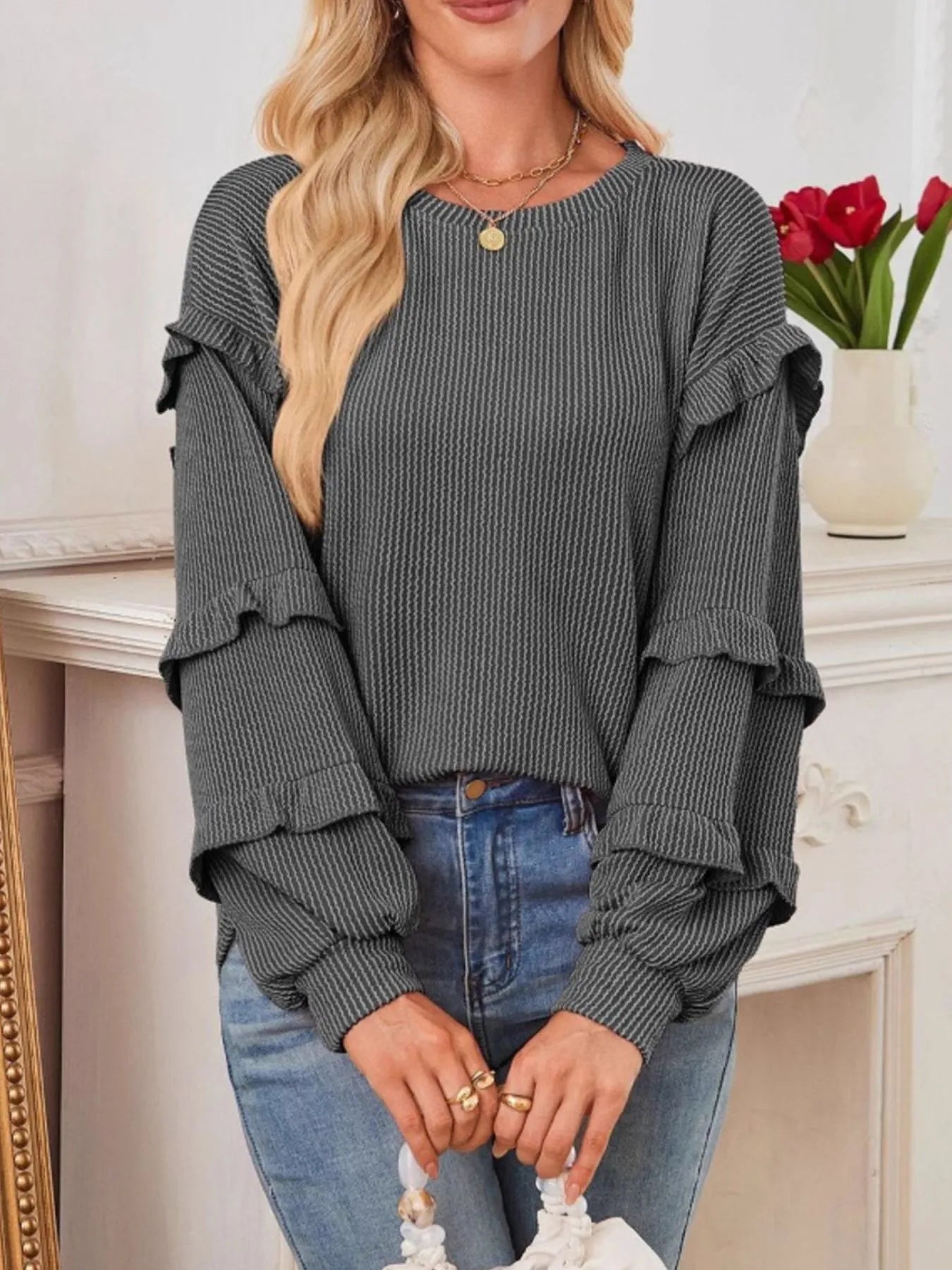 Trendsi Ruffled Round Neck Long Sleeve Sweatshirt Black