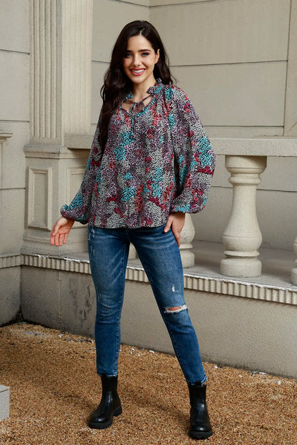 Trendsi Tie Neck Heathered Balloon Sleeve Blouse Multicolor