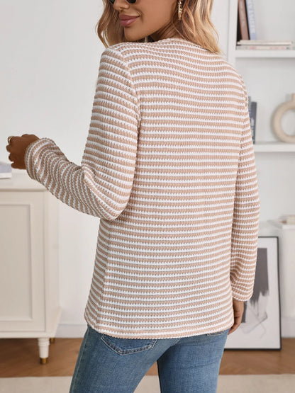 Trendsi Striped Button Detail Long Sleeve Top
