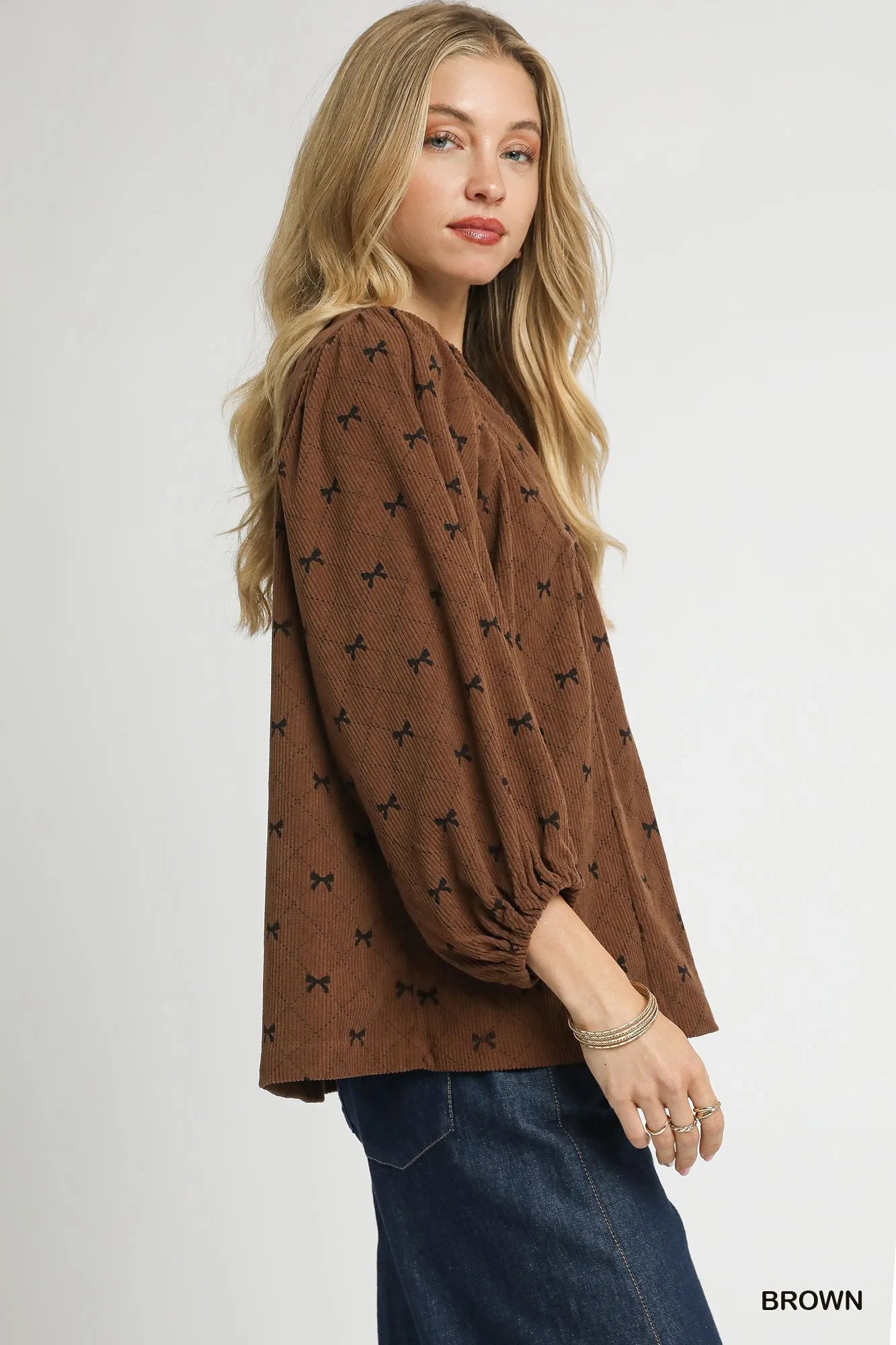 Trendsi Umgee Corduroy Bow Print Balloon Sleeve Blouse