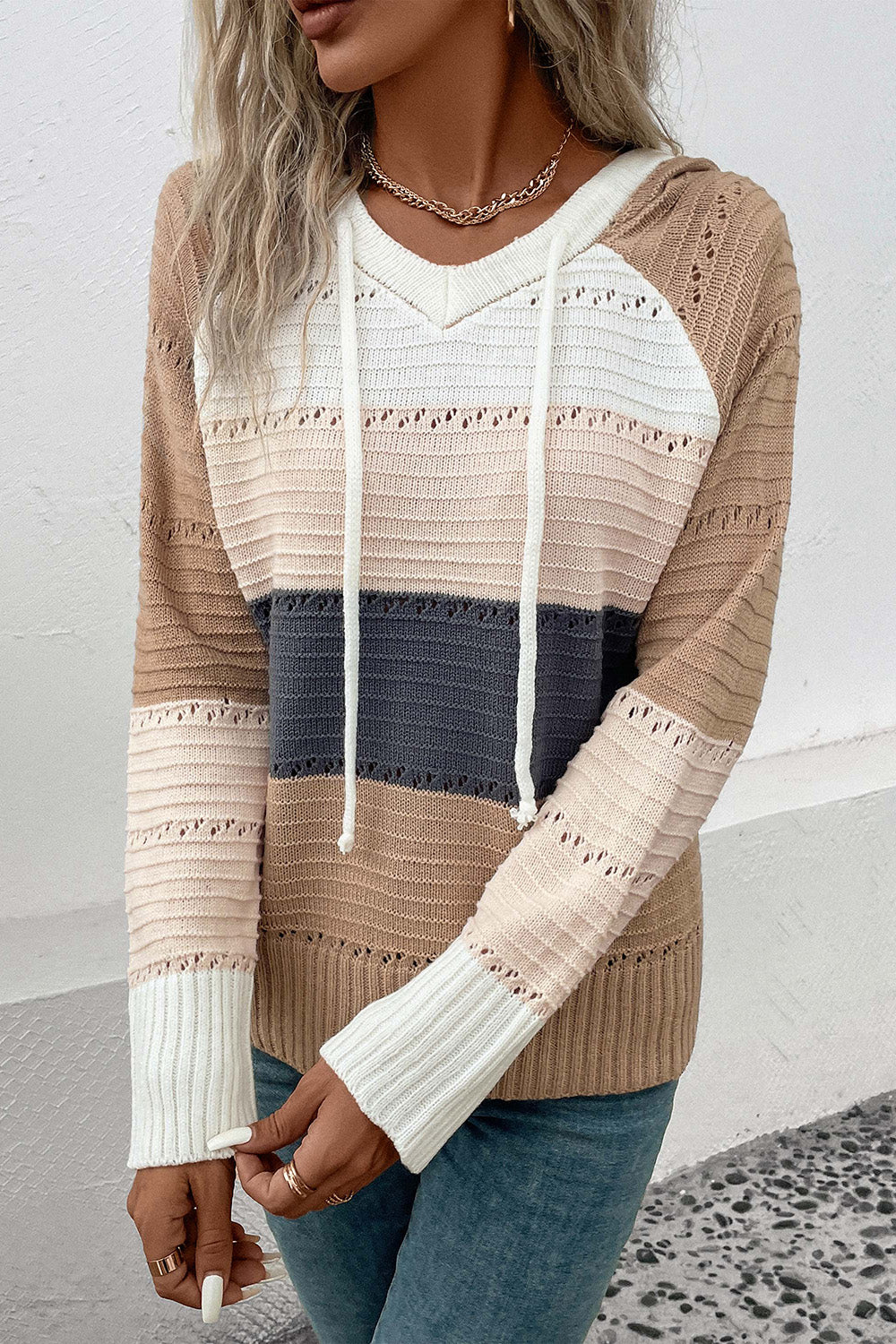 Perfee Color Block Drawstring Hooded Sweater Easy Apparels