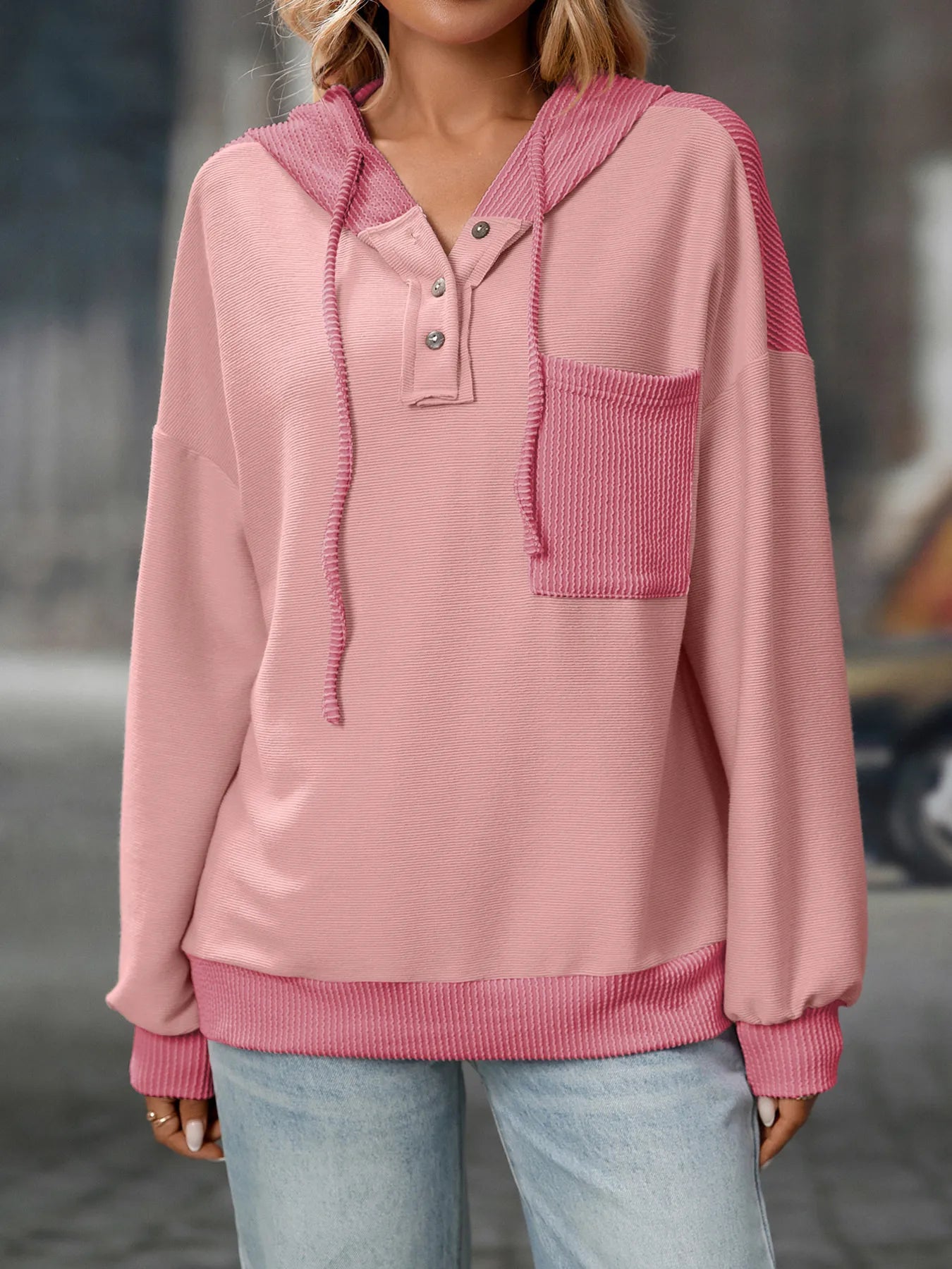 Trendsi Drawstring Button Detail Long Sleeve Hoodie