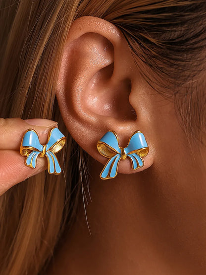 Stainless Steel Oil Drip Bow Stud Earrings Sky Blue One Size Easy Apparels