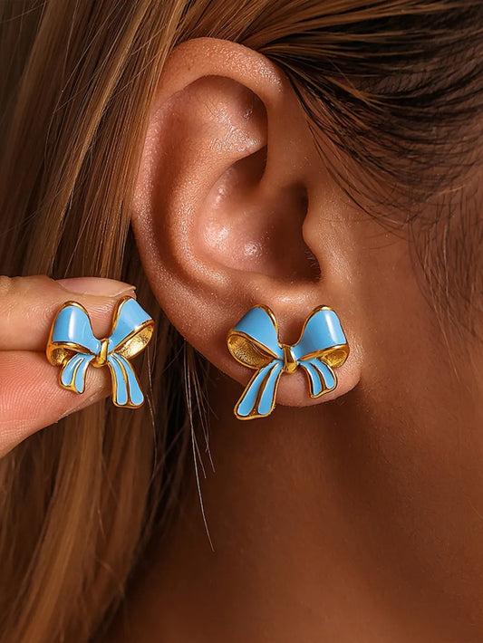 Stainless Steel Oil Drip Bow Stud Earrings Sky Blue One Size Easy Apparels